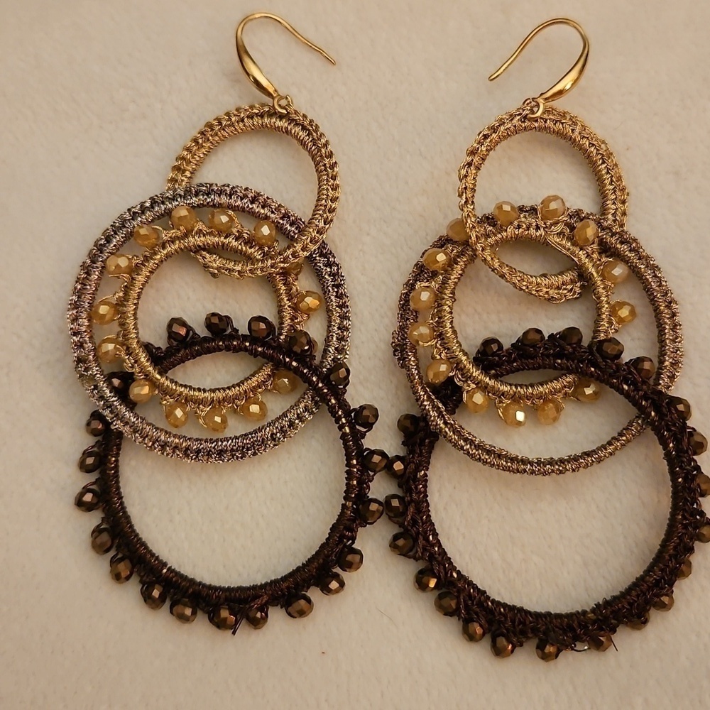 Interlocking Circle Hoops Macrame Crystal Beaded Festival Dangle Earrings - Picture 2 of 5